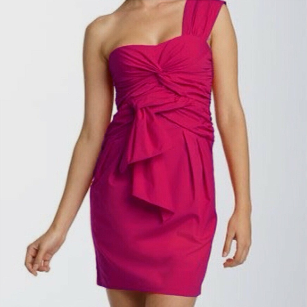 Nanette Lepore Knot So Fast One Shoulder Pleated Ruched Dress Size 0 Hot Pink